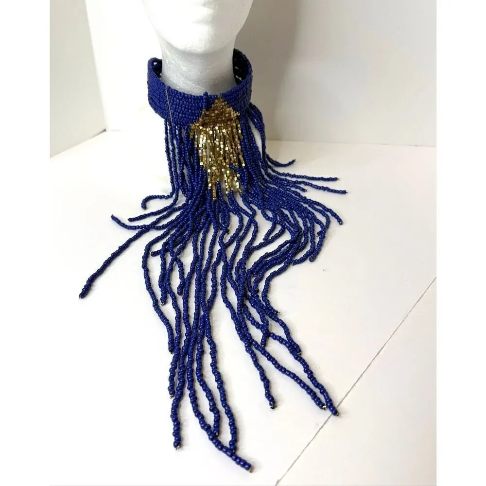 Belly Dance Blue Beaded Fringe Necklace Tribal Fusion Costume Jewelry Boho